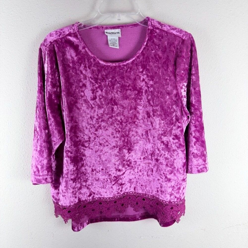 BonWorth S Crushed Velour 3/4 Sleeve Top Purple Velvet Crochet Lace Trim Chic